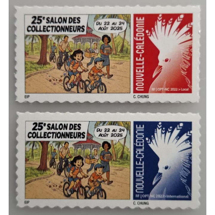 Timbre de collection Nouvelle-Caledonie - 1486 et 1487 Autoadhésif Salon des Collectionneurs Noumea - Cagou Rouge et Bleu
