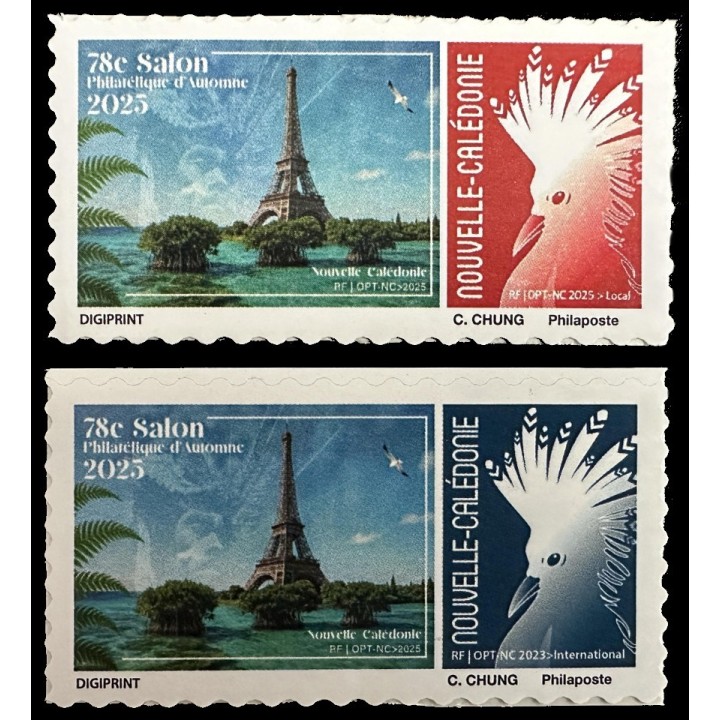 Timbre de collection Nouvelle-Caledonie - 1491 et 1492 Autoadhésif 78eme salon philatelique d'autome Paris - Cagou Rouge et Bleu