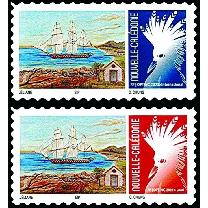 Timbre de collection Nouvelle-Caledonie - 1477A et 1477B Autoadhésif Arrivée de l'Iphigénie - Cagou Rouge et Bleu